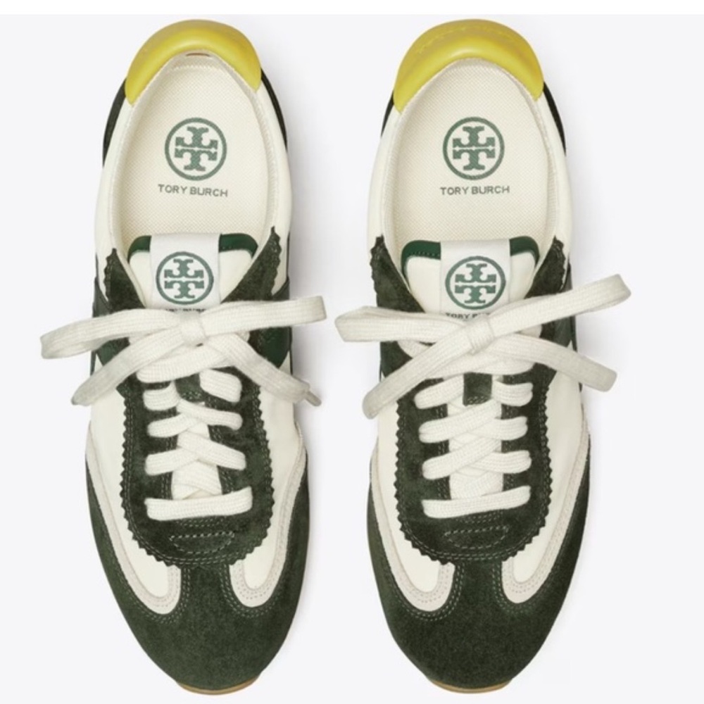 Tory Burch Green and Cream Retro Sneakers with Suede and Mesh
